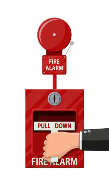 Vector illustration of Hand switch fire alarm system. Fire equipment.