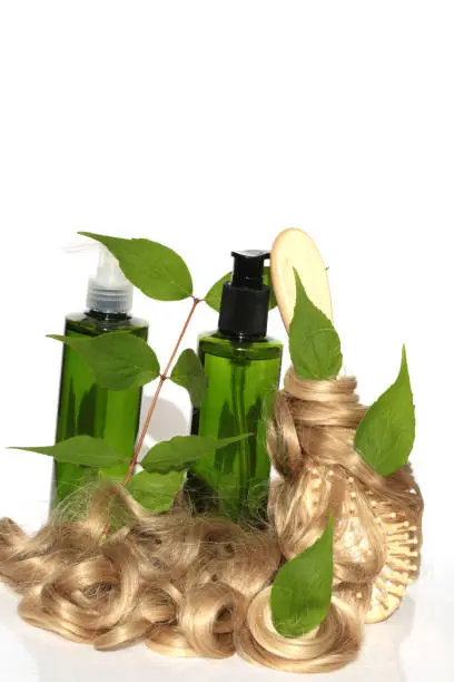 Organic Herbal Cosmetics for Hair. Herbal natural cosmetics with herb extract for hair.Cosmetics in a green bottle and green branch and blond hair curls on a white background.