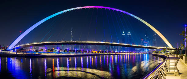 istock Dubai cityscape from the water canal bridge at night 979892540
