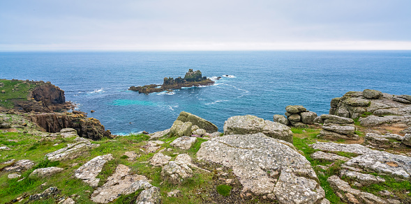 Landscape of the Lands End - the most westerly point of England which is a popular tourist attraction, Penwith peninsula, Penzance, Cornwall