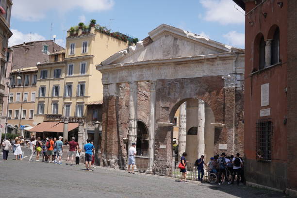 Porticus Octaviae Rome, Italy - June 11, 2018: Rome's Portico d'Ottavia. The Porticus Octaviae (Portico of Octavia; Italian: Portico di Ottavia) is an ancient structure in Rome used as a fish market from the Middle Age porticus stock pictures, royalty-free photos & images