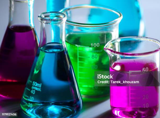 Chemical Glass Tools In Laboratory Stock Photo - Download Image Now - Chemical, Chemistry, Beaker