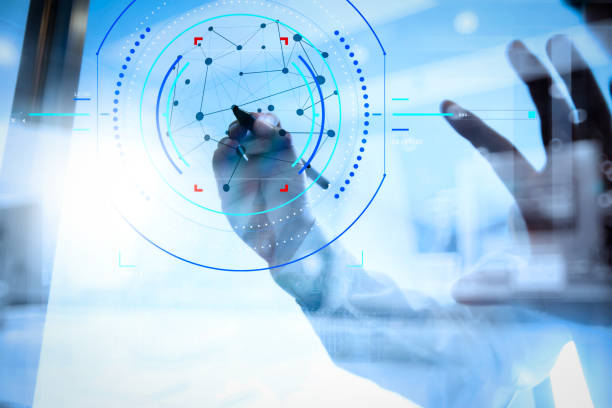 istock Double exposure of businessman working with new modern computer show social network structure as concept 979926490