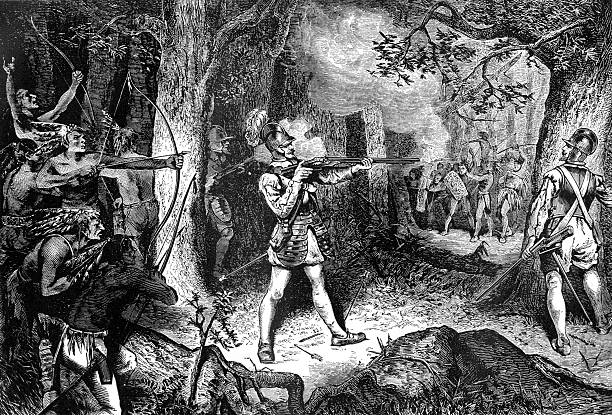 ilustrações, clipart, desenhos animados e ícones de samuel de champlain batalhas the iroquois, de 1609 - north american tribal culture arrow bow and arrow bow