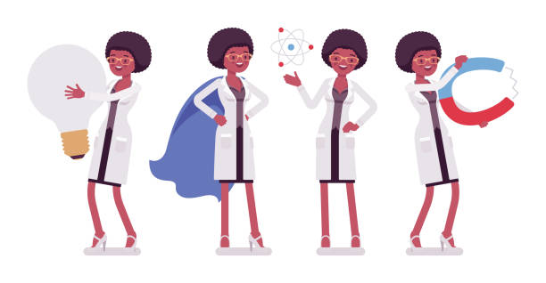 Female black scientist and giant things Female black scientist and giant things. Expert of physical, natural laboratory in white coat with tools. Science, technology concept. Vector flat style cartoon illustration isolated, white background superheld stock illustrations