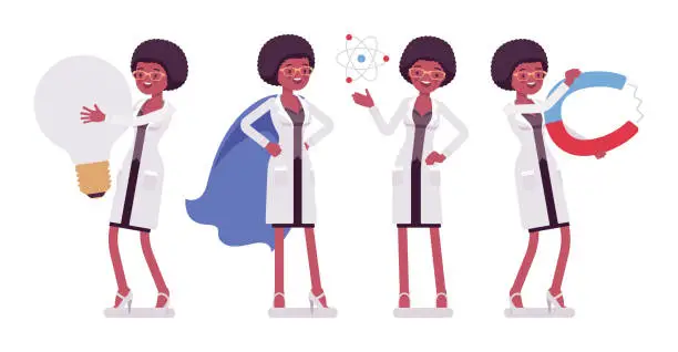 Vector illustration of Female black scientist and giant things