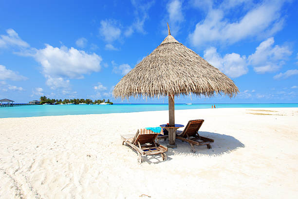 istock Beautiful tropical beach with deck chair. 97993638