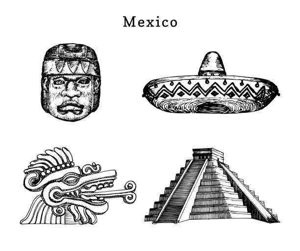 narysowany zestaw słynnych meksykańskich atrakcji. wektorowe ilustracje zabytków olmec i azteków. latynoamerykańskie symbole turystyczne. - 2574 stock illustrations