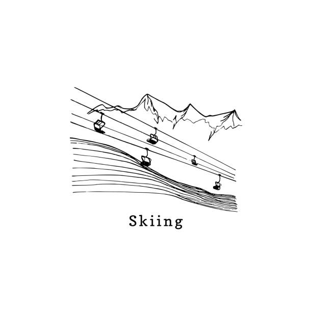 векторные ручные эскизы подъемника. горный спуск иллюстрация для плаката, этикетки и т.д. - подъёмник для лыжников stock illustrations