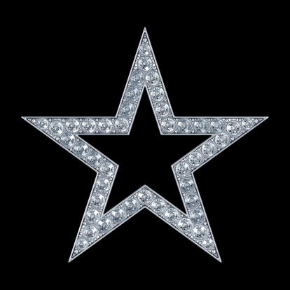Silver star with diamonds, looks like jewelry. Isolated on black. 3D render.