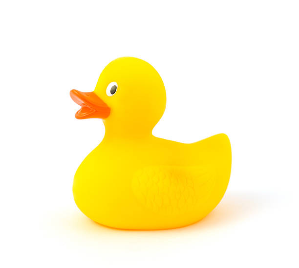 istock Yellow rubber duckling on white background 97995090