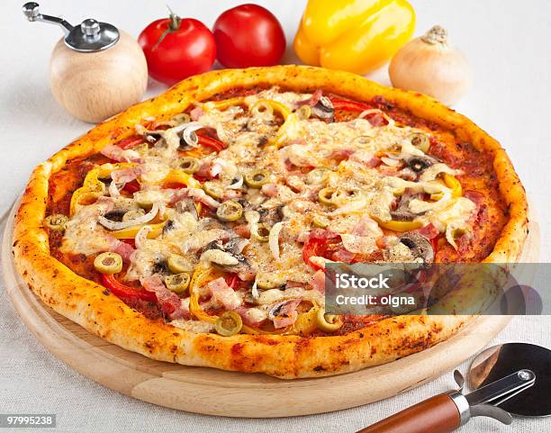 Bacon Mushroom And Vegetable Pizza Stock Photo - Download Image Now - Bacon, Baked, Bell Pepper