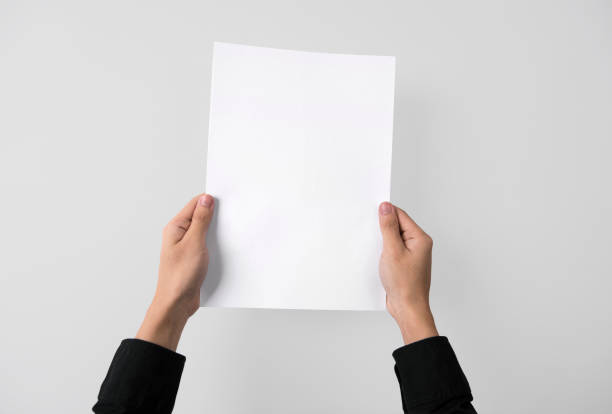 istock hand showing blank paper A4 flyer for mockup template logo branding on grey background. 979954738