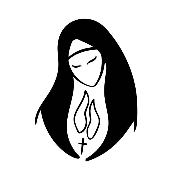 vector praying nun portrait Vector illustration of a praying nun portrait isolated on white, minimal stylized vignette nun praying cross human hand stock illustrations