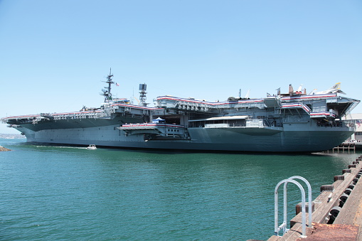 San Diego, California USA - May 28, 2018: View of USS Midway Museum at San Diego Bay. USS Midway is an aircraft carrier launched in 1945 and as of 2005 a museum ship in San Diego, California.