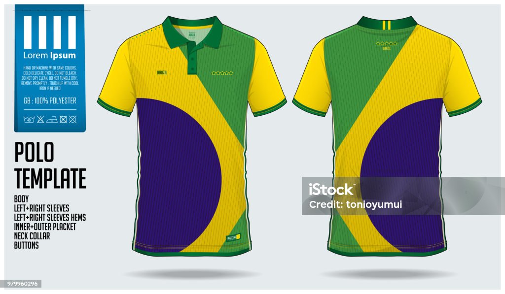 Brazil Team Polo t-shirt sport template design for soccer jersey, football kit or sportwear. Classic collar sport uniform in front view and back view. T-shirt mock up for sport club. Brazil Team Polo t-shirt sport template design for soccer jersey, football kit or sportwear. Classic collar sport uniform in front view and back view. T-shirt mock up for sport club. Vector Illustration. T-Shirt stock vector