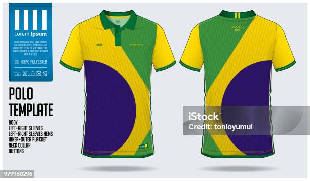 Brazil Team Polo Tshirt Sport Template Design For Soccer Jersey Football Kit Or Sportwear Classic Collar Sport Uniform In Front View And Back View Tshirt Mock Up For Sport Club Stock Illustration - Download Image Now