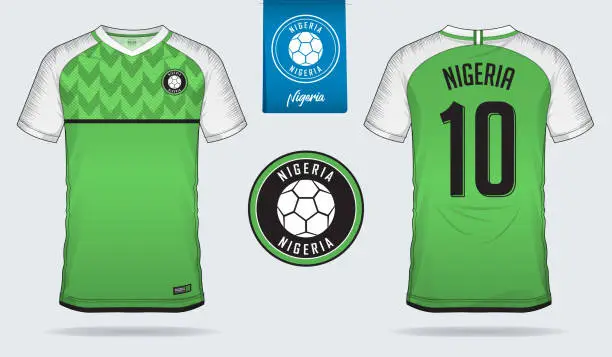 Vector illustration of Soccer jersey or football kit template design for Nigeria national football team. Front and back view soccer uniform. Football t shirt mock up with flat logo design.