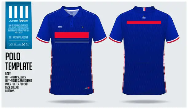 Vector illustration of France Team Polo t-shirt sport template design for soccer jersey, football kit or sportwear. Classic collar sport uniform in front view and back view. T-shirt mock up for sport club.