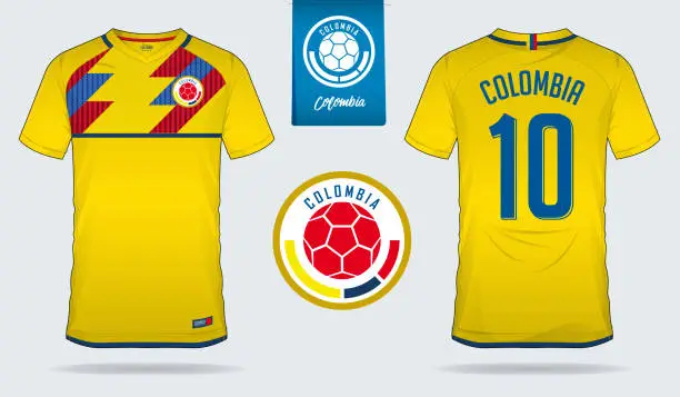 Vector illustration of Soccer jersey or football kit template design for Colombia national football team. Front and back view soccer uniform. Football t shirt mock up with flat logo design.