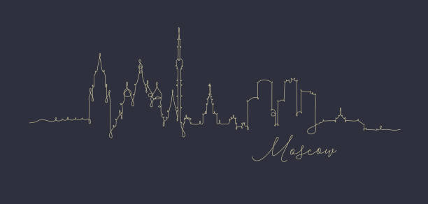 Pen line silhouette moscow dark blue City silhouette moscow in pen line style drawing with beige lines on dark blue background moscow stock illustrations