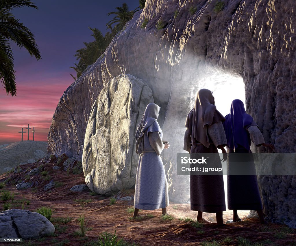 He is Risen Mary Magdalene, Mary, &amp; Salom walking up to the bright empty tomb of Jesus Christ early Sunday morning, Showing Golgotha in the background. Jesus Christ Stock Photo
