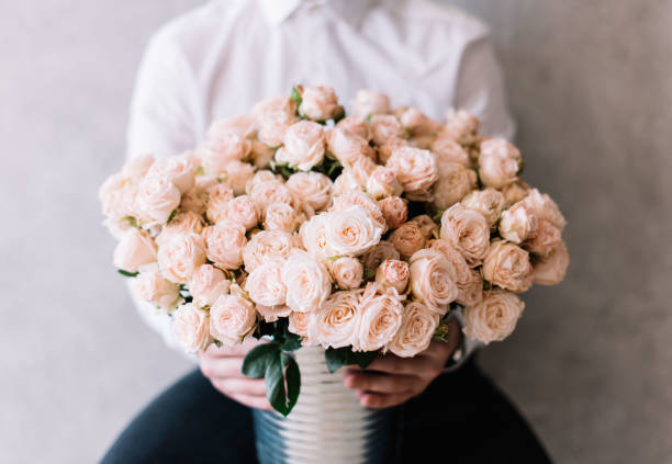 Very nice young man in a white shirt holding a beautiful fresh blossoming huge bunch of pastel cream roses stock photo