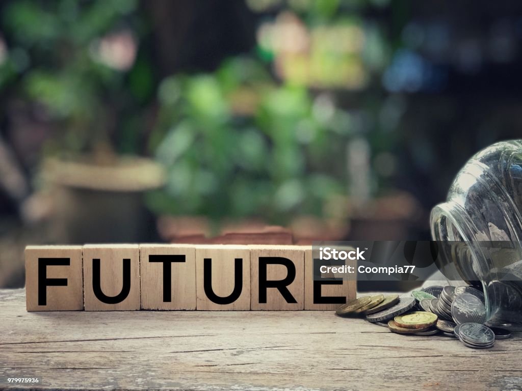 Personal business and financial concept. ‘FUTURE’ written on blocks. With blurred vintage-styled background. Business Stock Photo