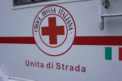 Rome, Italy - June 12, 2018: Camper of the Italian red cross (Croce Rossa or CRI). The Italian Red Cross is the Italian national Red Cross society