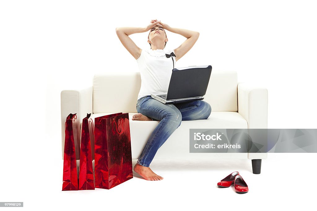 Christmas Stress Woman at home tired of christmas shopping, Consumerism concept Christmas Stock Photo