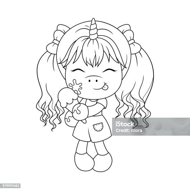 Cute Baby Unicorn Holding Ice Cream Coloring Page For Girls Vector Stock Illustration - Download Image Now