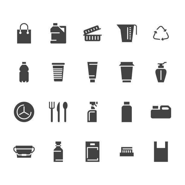 пластиковая упаковка, одноразовые посуда плоские иконки глифа. упаковка продуктов, контейнер, бутылка, канистра, столовые приборы. контейн� - can disposable cup blank container stock illustrations