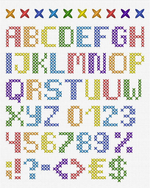 カラフルなクロスステッチに大文字アルファベットと数字と記号.白い布のテクスチャに分離 - cross stitch点のイラスト素材／クリップアート素材／マンガ素材／アイコン素材