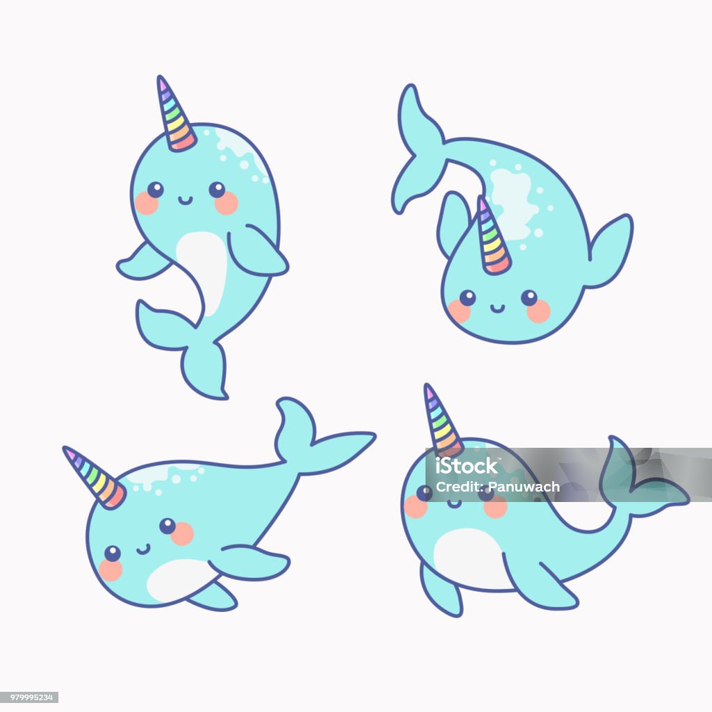 Kawaii Nawhal Illustration Cute Narwhal - The unicorn of the sea set Narwhal stock vector