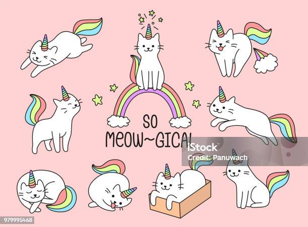 Set Of Lovely Cat Unicorn Stock Illustration - Download Image Now - Unicorn, Domestic Cat, Vector