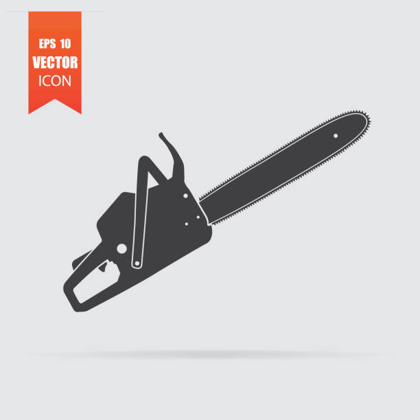 Chainsaw icon in flat style isolated on grey background. Chainsaw icon in flat style isolated on grey background. For your design, logo. Vector illustration. chainsaw stock illustrations