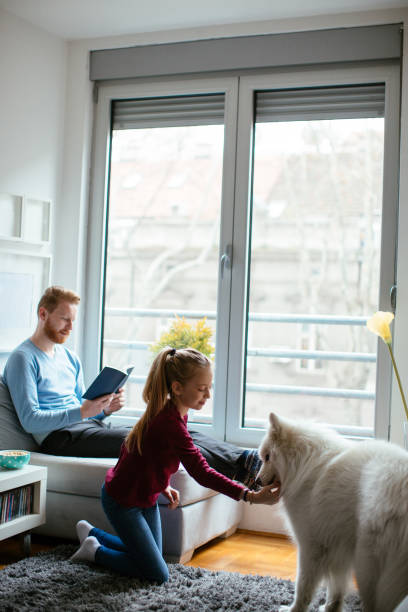 istock Girl playing with dog while dad is reading 980007302