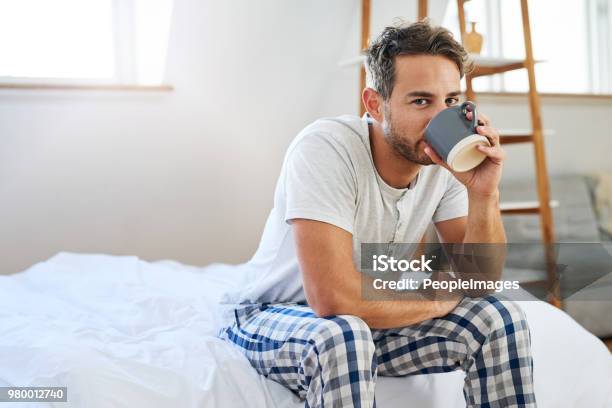 The Day Doesnt Start Until That First Sip Stock Photo - Download Image Now - Men, Coffee - Drink, Pajamas