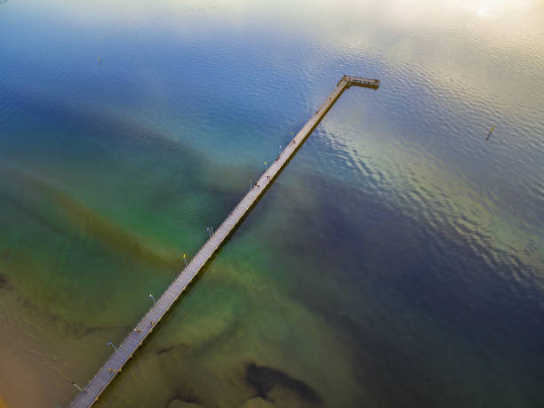 istock Looking down at long wooden pier - aerial view 980018334