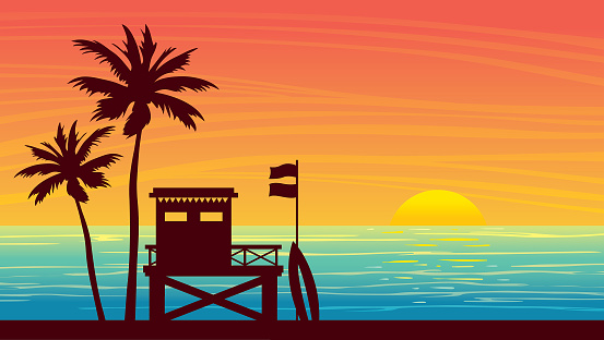 Nature landscape with silhouette of lifeguard station and palm tree on a sunset sky. Vector summer illustration.