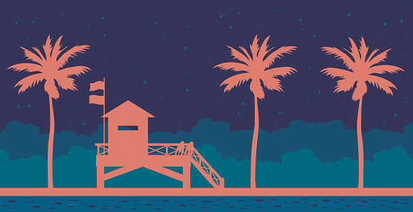 Lifeguard station on a beach and blue sea on a night starry sky. Vector illustration with summer landscape.