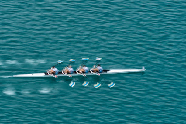 cuádruple scull de remo equipo practicando, movimiento borrosa - rowing fotografías e imágenes de stock