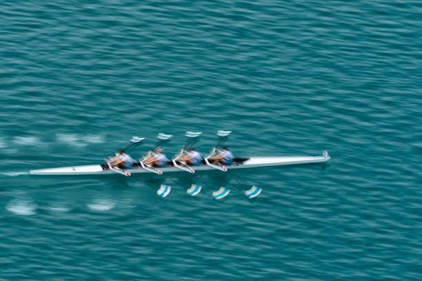 Quadruple Scull Rowing Team Practicing, Blurred Motion Upper view of quadruple scull rowing team on the water, blurred motion rowing stock pictures, royalty-free photos & images