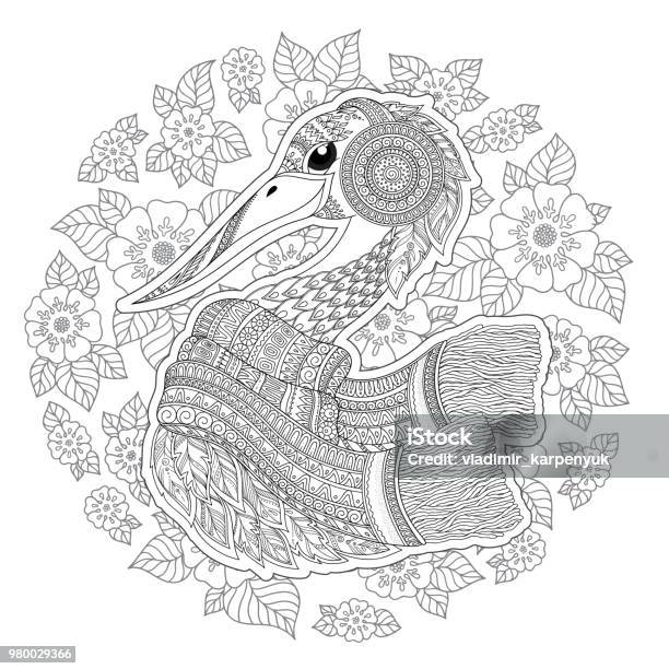 Stork Fantastic Flowers Branches Leaves Stock Illustration - Download Image Now - Abstract, Animal, Animal Wing