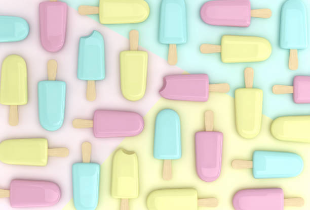 Pink, yellow and blue ice creams. Cartoon background in pastel colors. 3D rendering