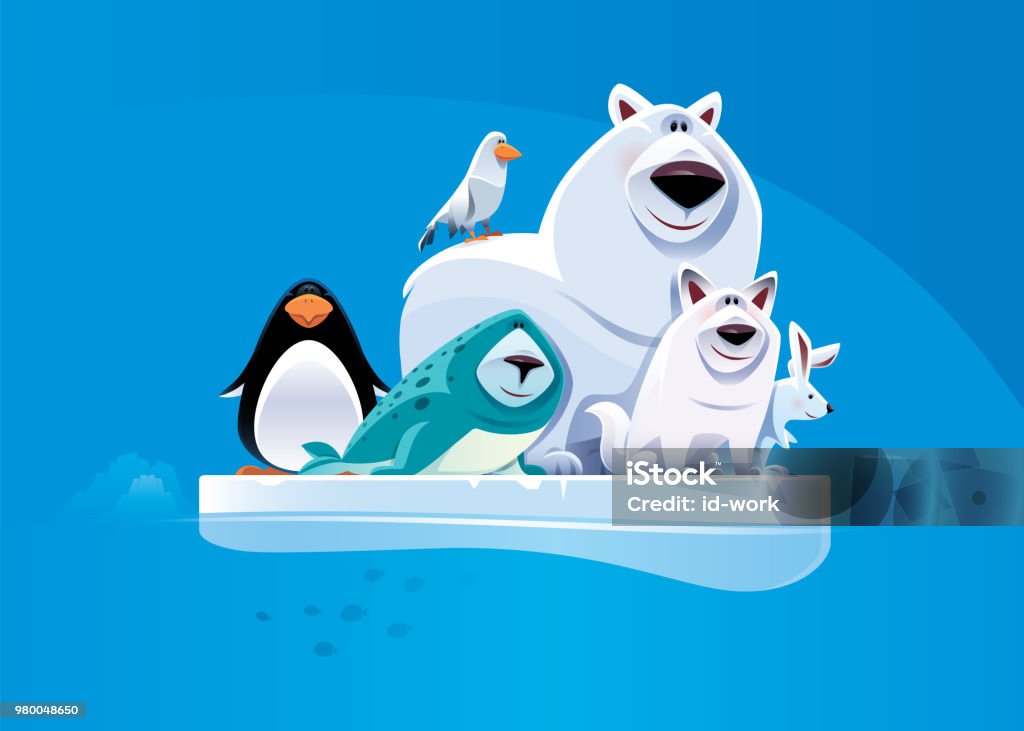 cheerful polar bear and friends standing on ice floe vector illustration of cheerful polar bear and friends standing on iceberg Penguin stock vector