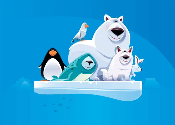 Vector illustration of cheerful polar bear and friends standing on ice floe