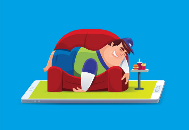 ilustrações, clipart, desenhos animados e ícones de homem gordo preguiçoso deitado no sofá com o smartphone - fat cell