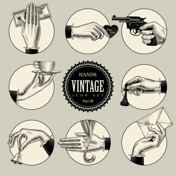 Set of round icons in vintage engraving style with hands and accessories. Retro business icons. Vector illustration