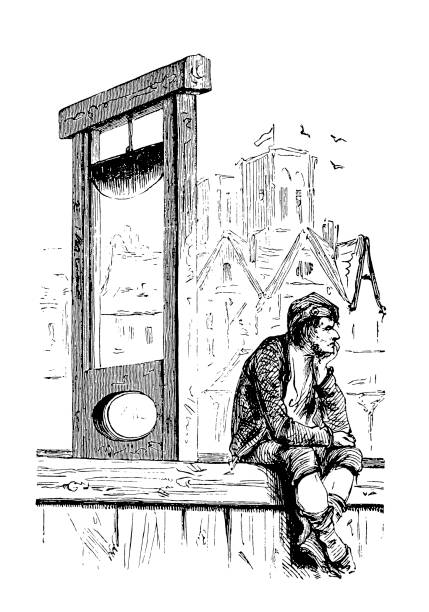 ilustraciones, imágenes clip art, dibujos animados e iconos de stock de aburrido el ahorcado con guillotina, revolución francesa - juego del ahorcado